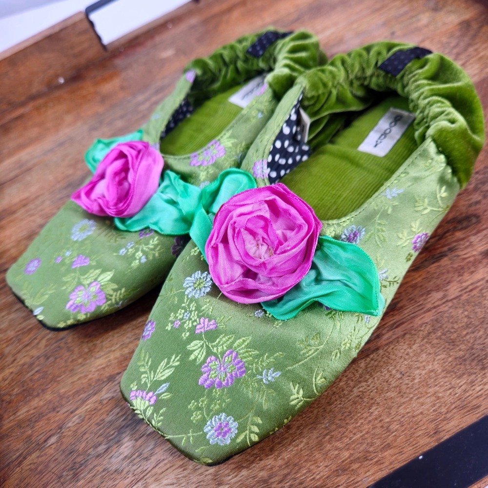 GOODY Green Floral Satin Velvet Rosette Slipper Flats Medium Cottagecore Luxury